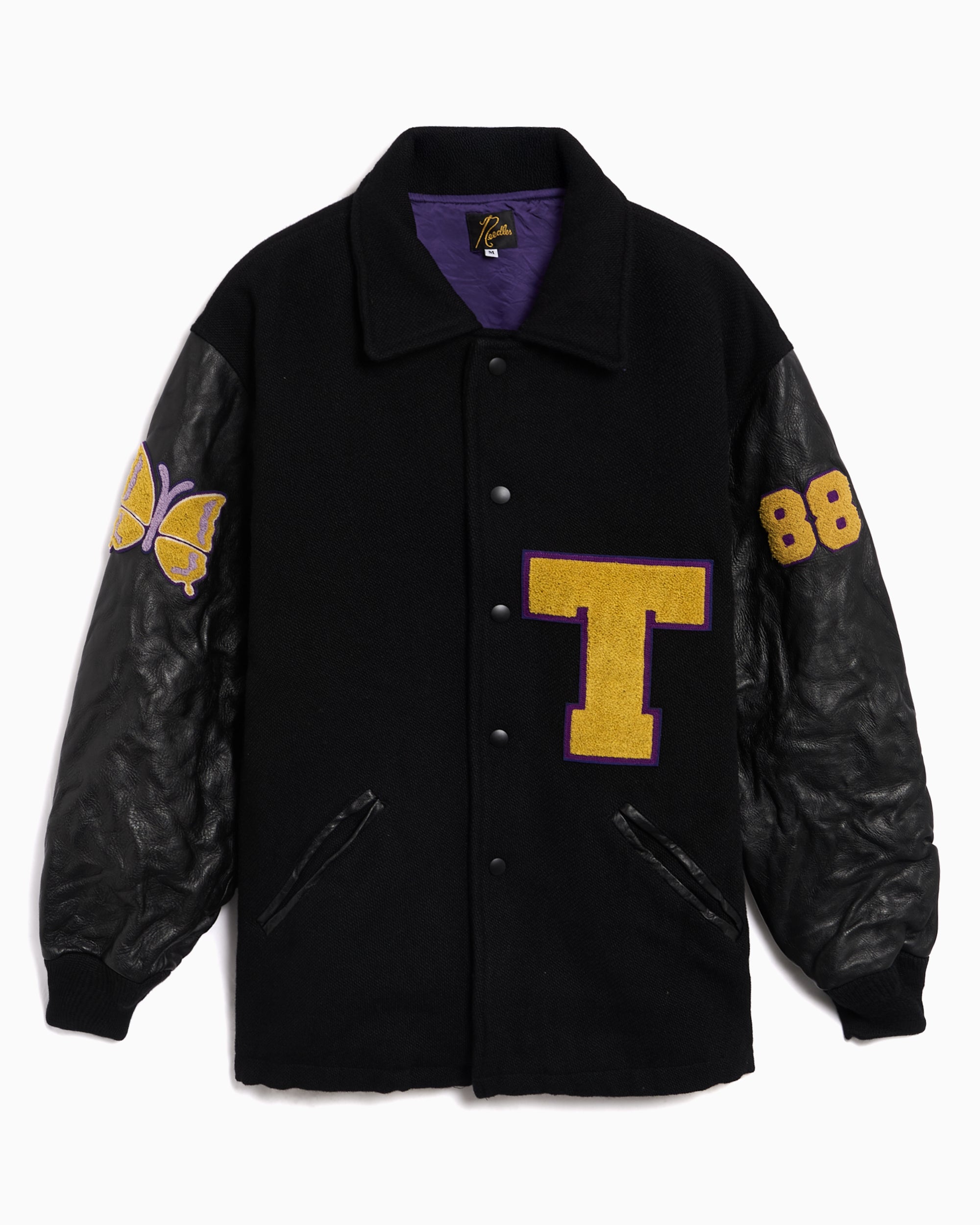 Jackets Coats Needles Lettered Graphic Relaxed Men's Varsity Jacket - RW170-B-Black